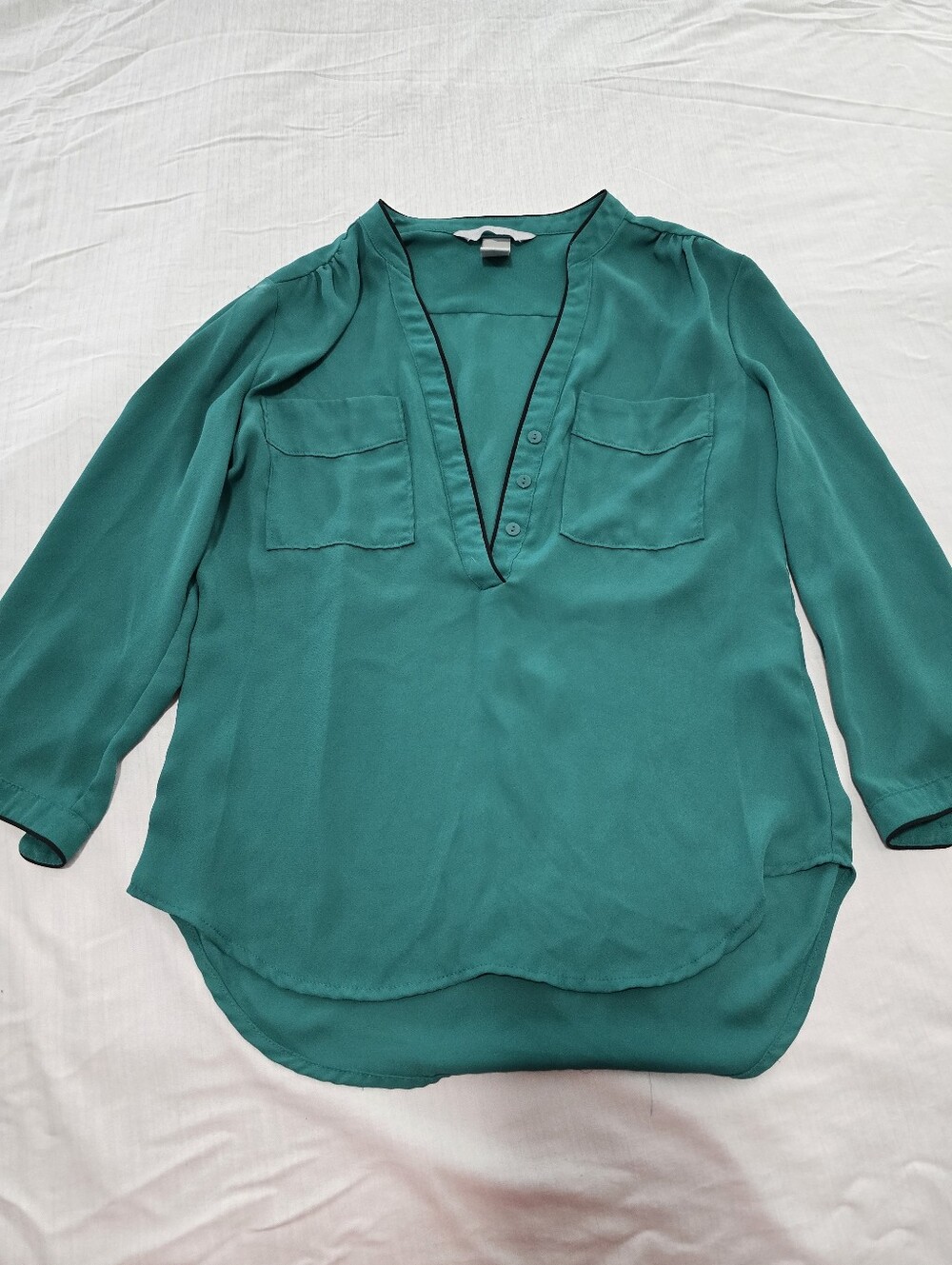 Teal V-Neck Button Detail Women's Blouse